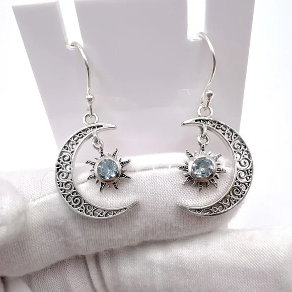 Genuine Blue Topaz .925 Sterling Silver Moon and Sun Earrings - Picture 9 of 14